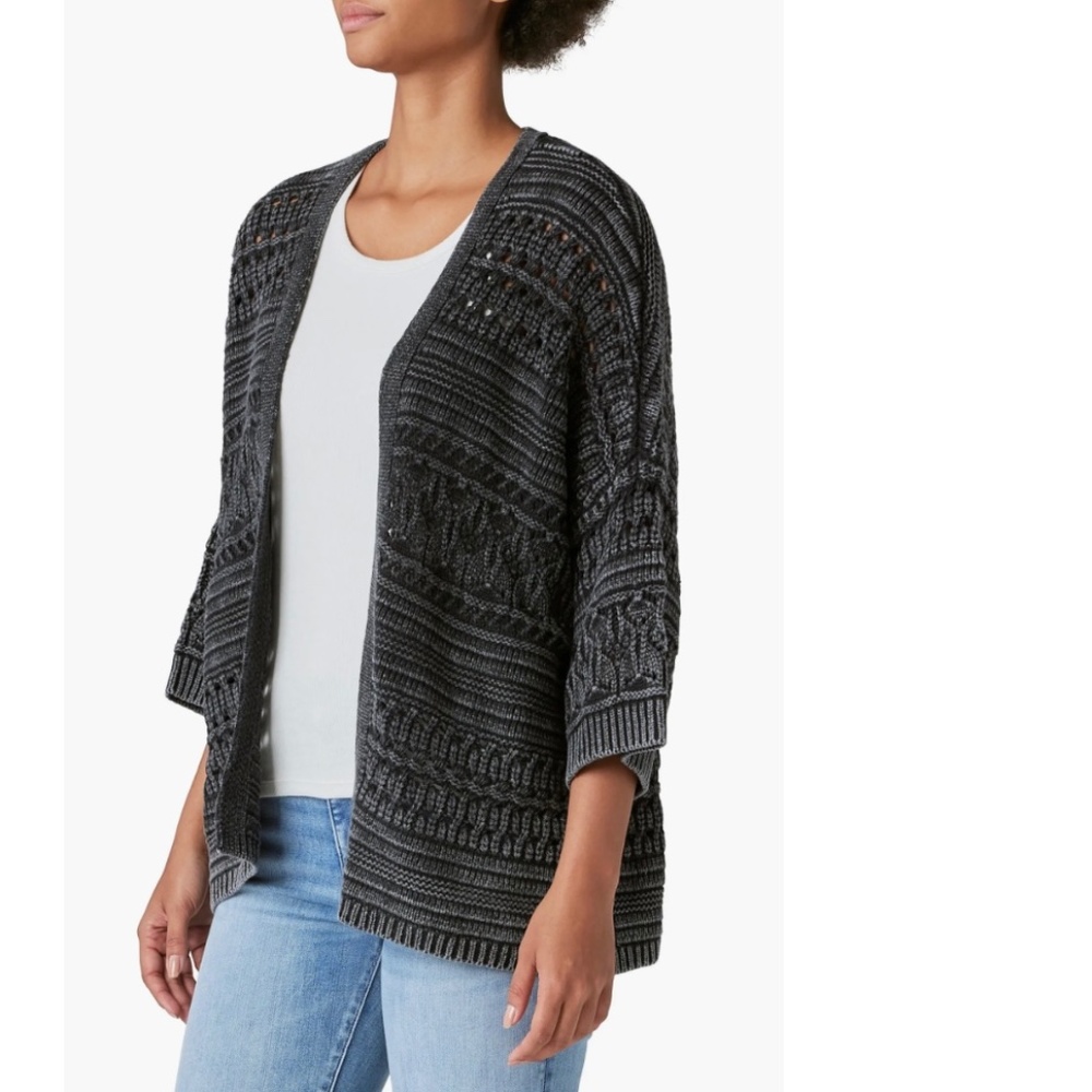Lucky Brand Dark Acid Wash Open Front Crochet Cardigan Size Small